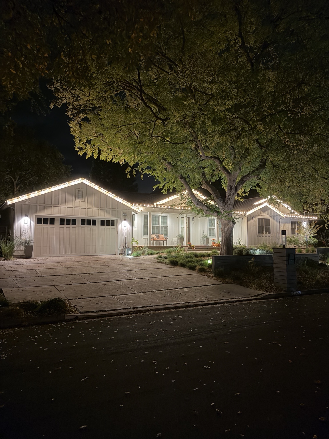 White Bay Area home outlined in warm white C9 Christmas bulbs along every roofline at night
