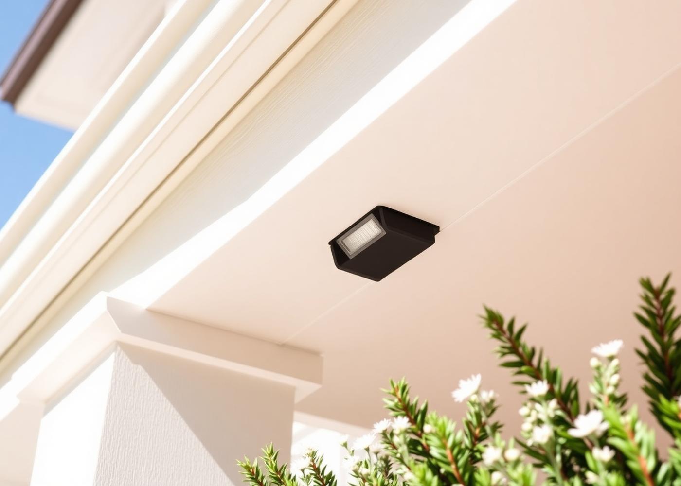 Detail of a clean, color-matched permanent lighting installation on a residential eave